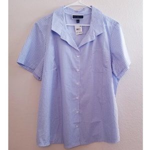 Karen Scott Shirt Blouse Top Blue White Plaid Check Button Short Sleeved 🌺🌺